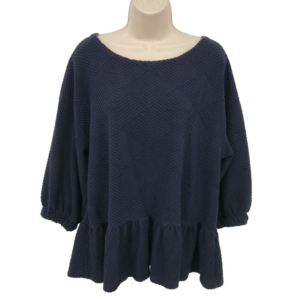 Maeve Womens Navy Blue Thick Embossed Peplum 3/4 Sleeve Scoop Neck Top Size M